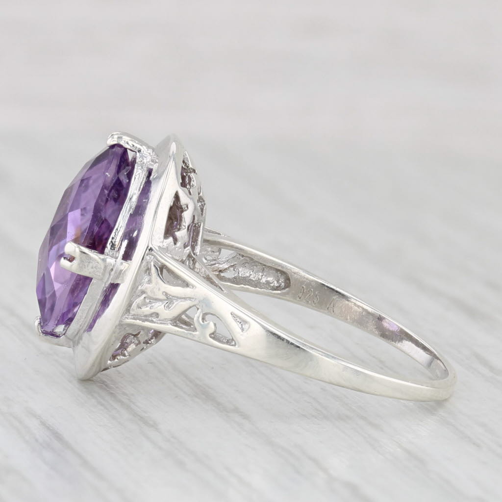 2.60ct Oval Amethyst Solitaire Ring Sterling Silver Size 6 Floral Accents