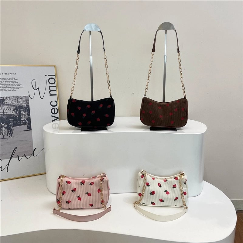 Women's Medium Corduroy Solid Color Strawberry Basic Classic Style Square Zipper Underarm Bag
