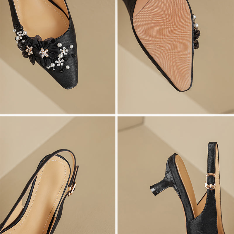 Floral Pointed Toe Slingback Kitten Pumps Elegant Leather Wedding Sandals in Black/Beige