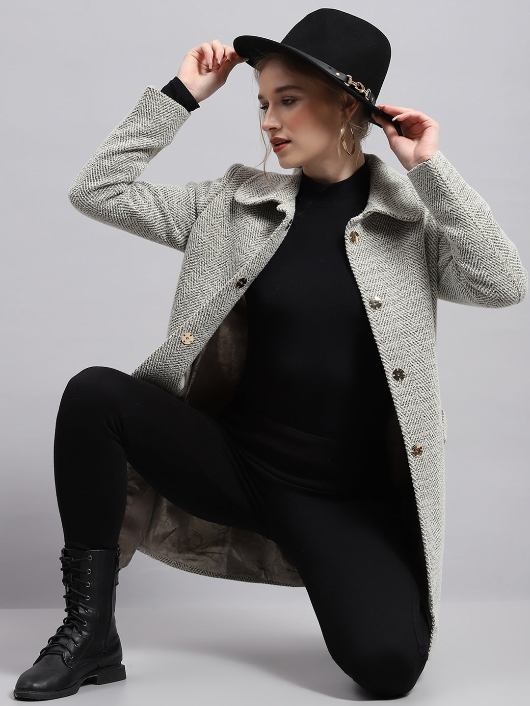 Women Grey Self Design Collar Full Sleeve Coat