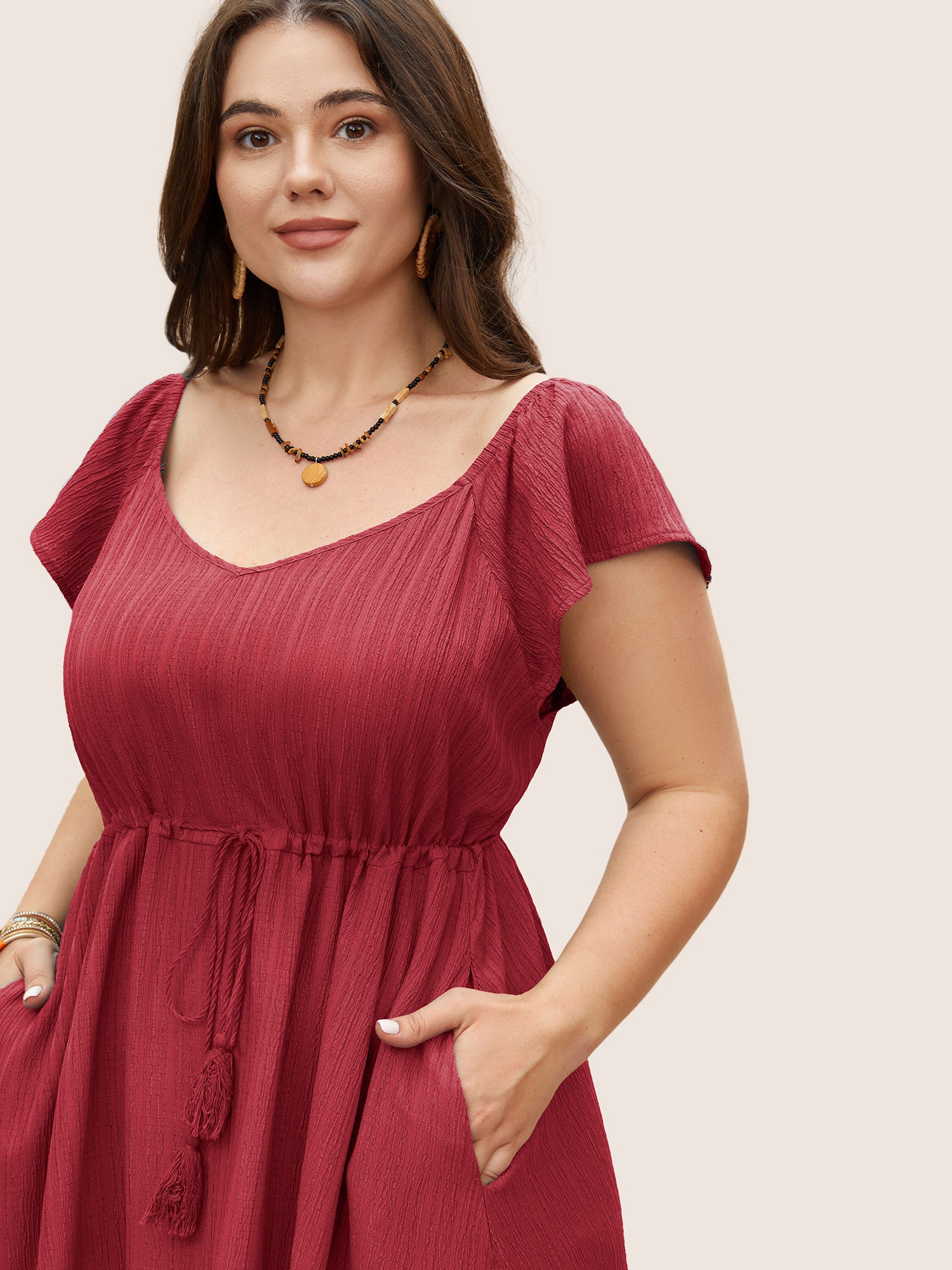 Texture Drawstring Tie Knot Tassels Dress