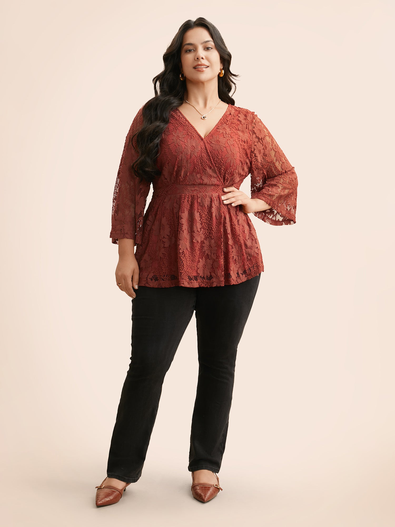 Crochet Lace Mesh Bell Sleeve Blouse