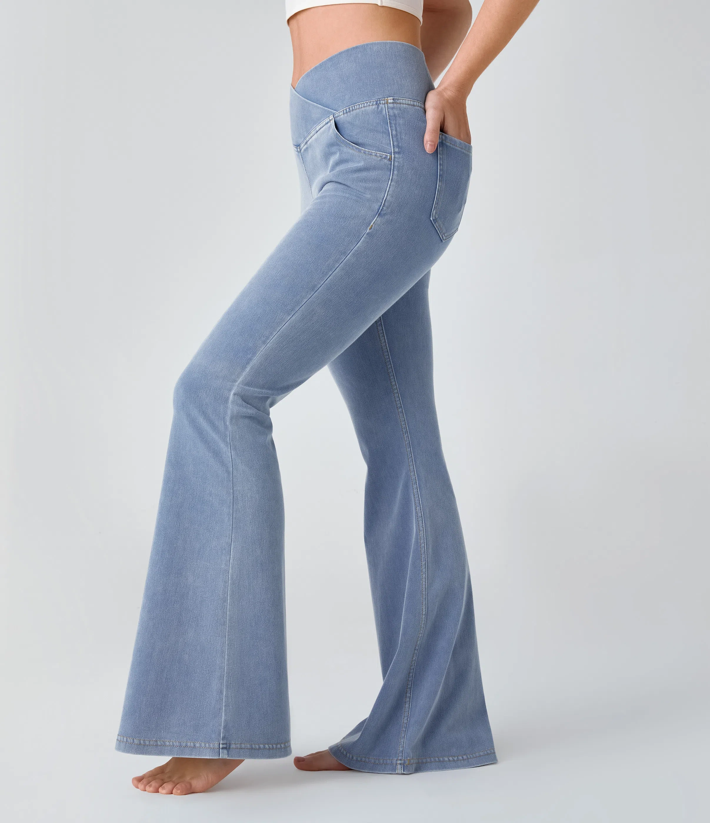 ⚡8 Packs for $25.95⚡- High Waisted Crossover Pocket Washed Stretchy Knit Casual Super Flare Jeans