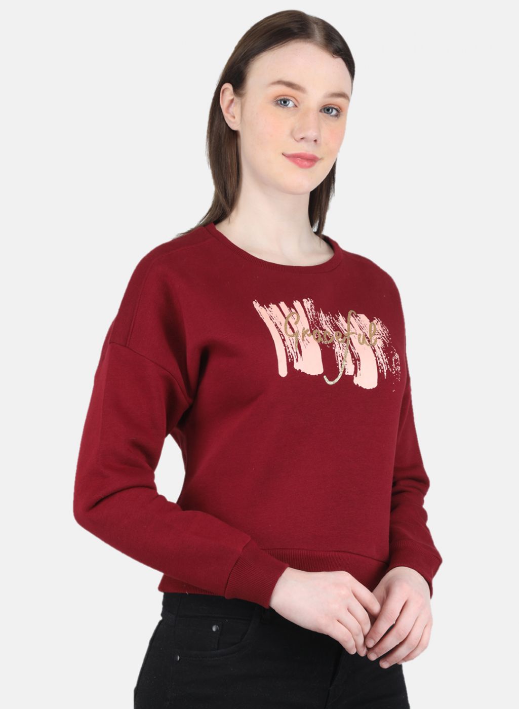 Women Maroon Printed Round Neck Full Sleeve Sweatshirt