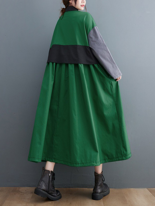 Vintage Loose Long Sleeves Contrast Color Polo Midi Dresses