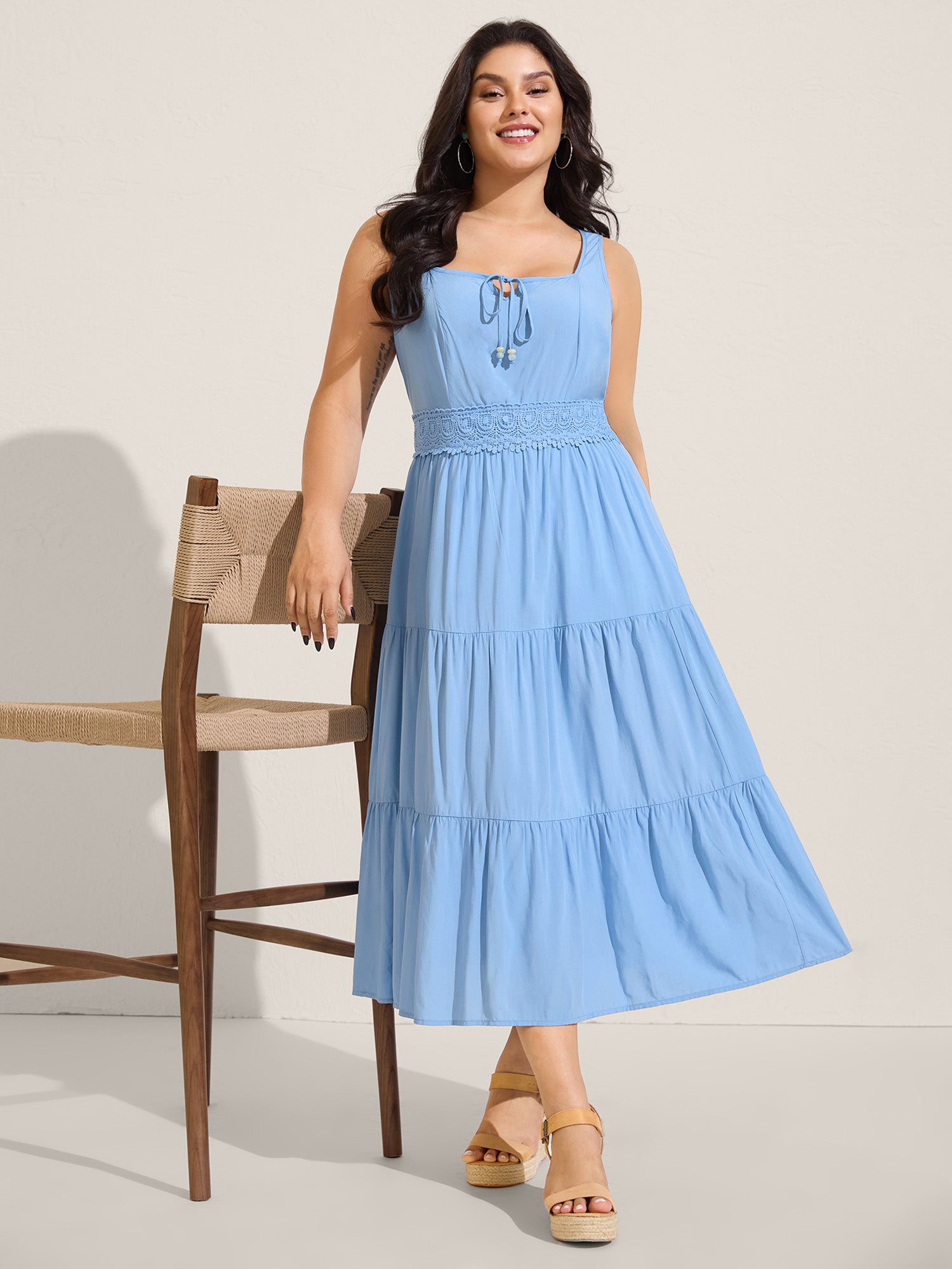 Lace Trim Neck Tie Solid Midi Dress