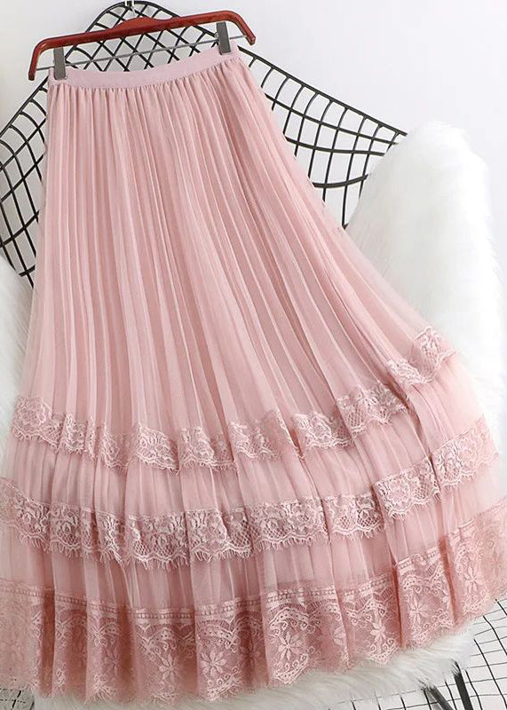 Fashion Brown High Waist Tulle Maxi Skirts Woman Mesh Lace Patchwork