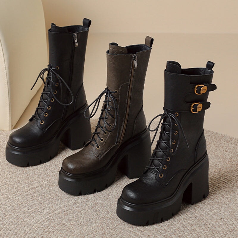 Women Biker Boots Lace-Up Combat Boots Retro Short Boots Handmade Genuine Leather Platform Boots