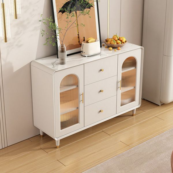 Modern Interiors Glamorous Wood and Stone Cabinet Buffet Cabinet with Glass Doors for Chic Style Home Decor Look