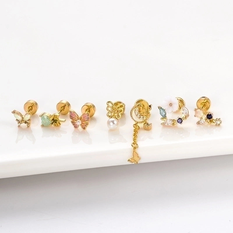 1 Piece Ear Cartilage Rings & Studs Hip-Hop Heart Shape Flower Butterfly 316L Stainless Steel  Copper Inlay Artificial Pearls Zircon