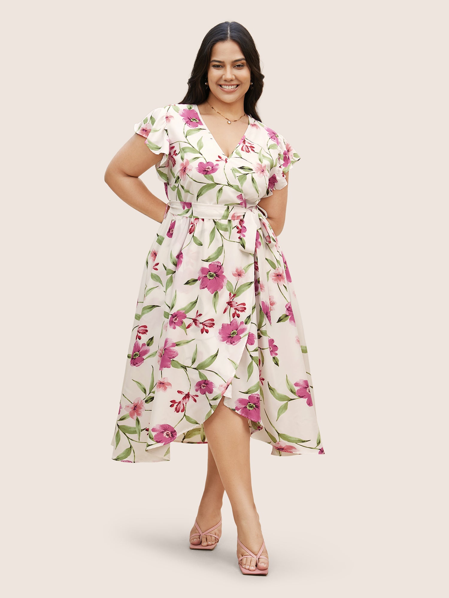 Surplice Neck Floral Ruffle Cap Sleeve Dress