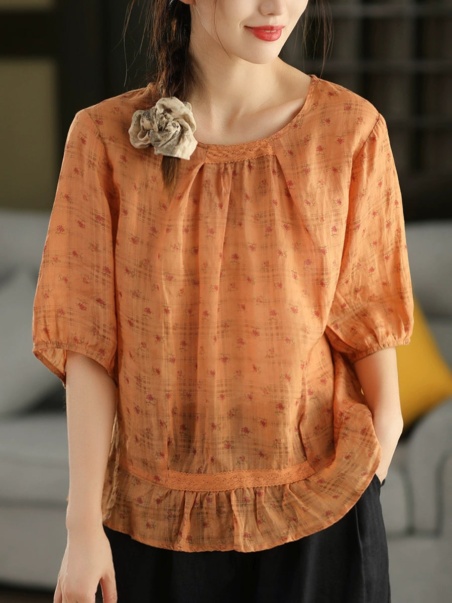 Women Summer Artsy Floral O-Nck 100%Ramie Shirt