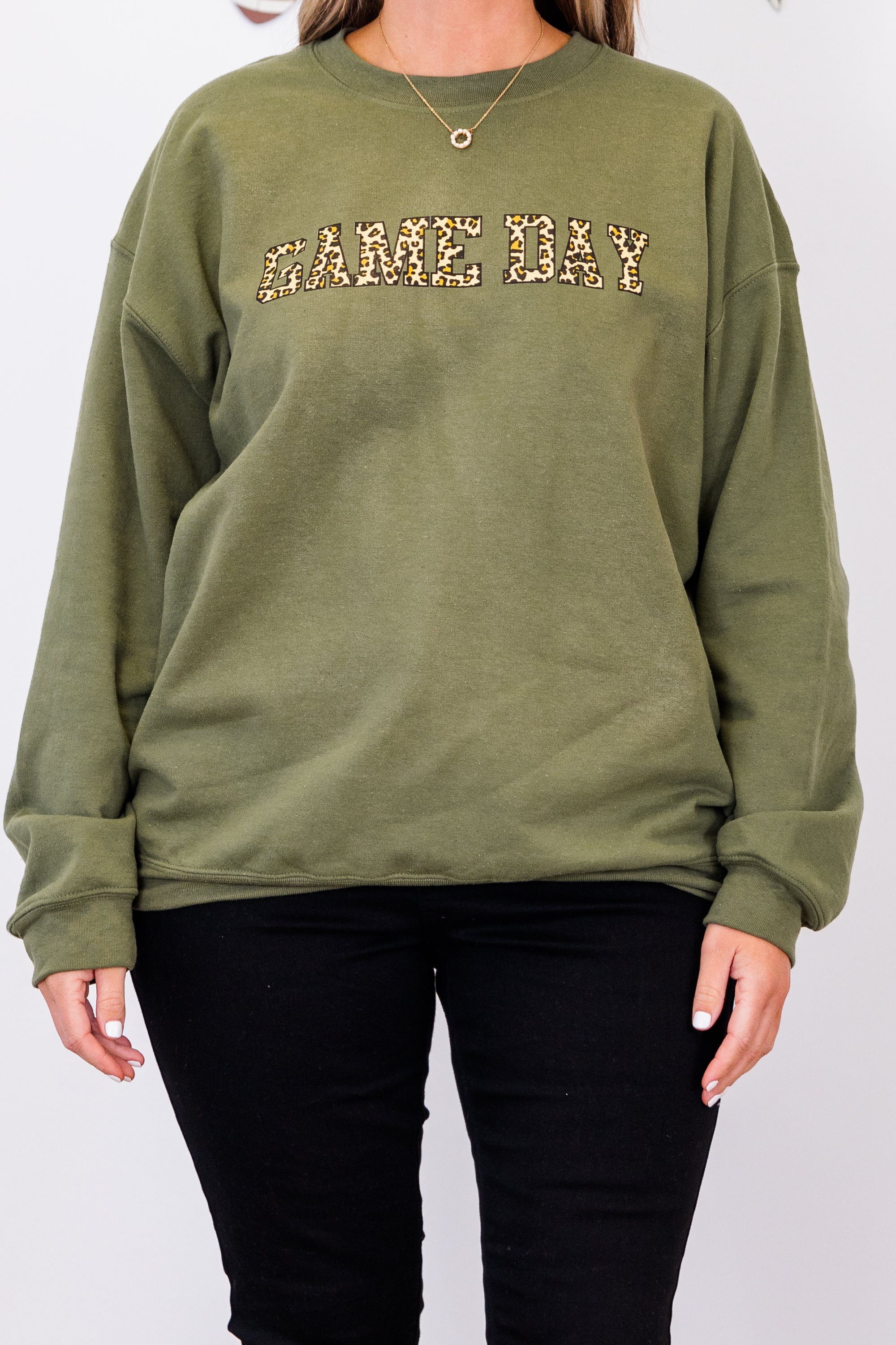 Game Day Leopard Sweatshirt. Military Green