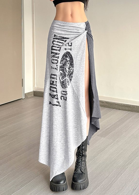 Casual Grey Asymmetrical Graphic Wrinkled Tassel Maxi Skirts Summer