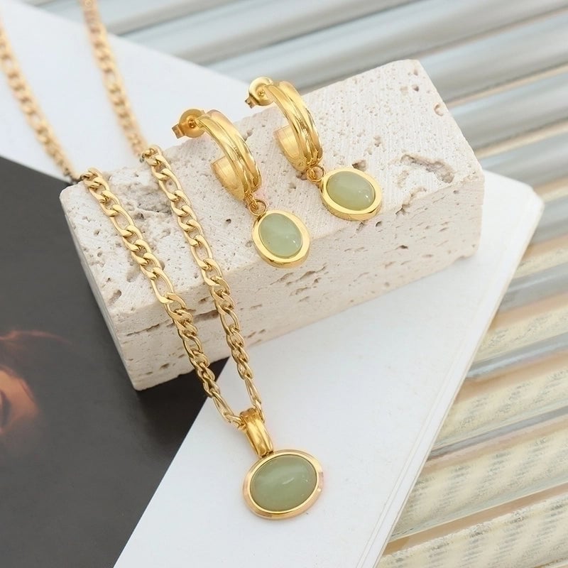 Elegant Oval 304 Stainless Steel Natural Stone 18K Gold Plated Inlay Earrings Necklace