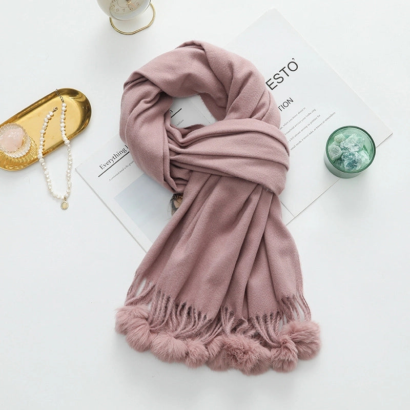 Cashmere Wool Scarf Women's Autumn And Winter High-grade Solid Color Ball Scarf Shawl Fur Ball Imitation Cashmere Scarf