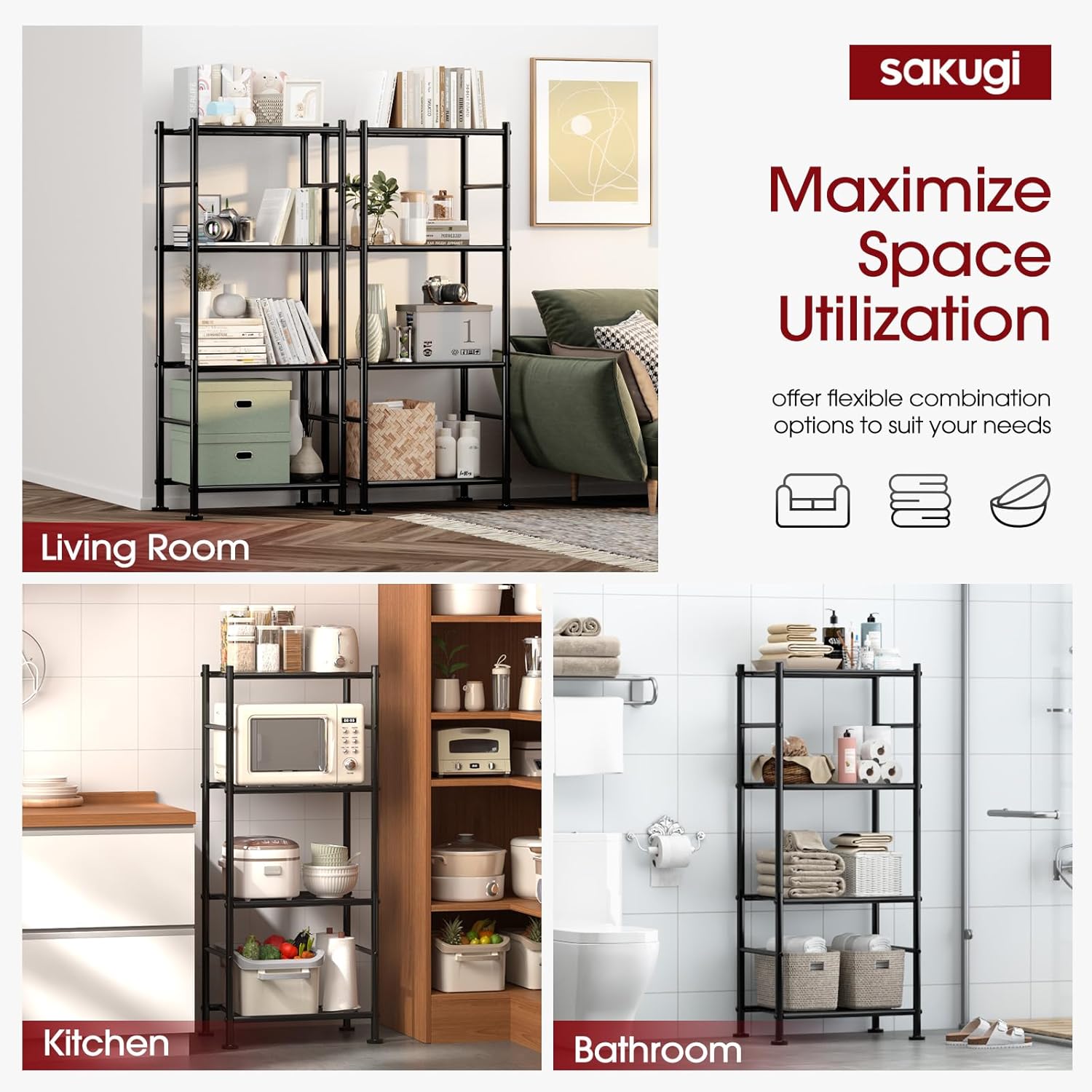 Storage Shelves - 5 Tier Shelf Organizer, Heavy Duty Garage Shelving Unit with Leveling Feet, Stable Metal Shelves Organizer for Pantry, Kitchen and Closet, 33.0