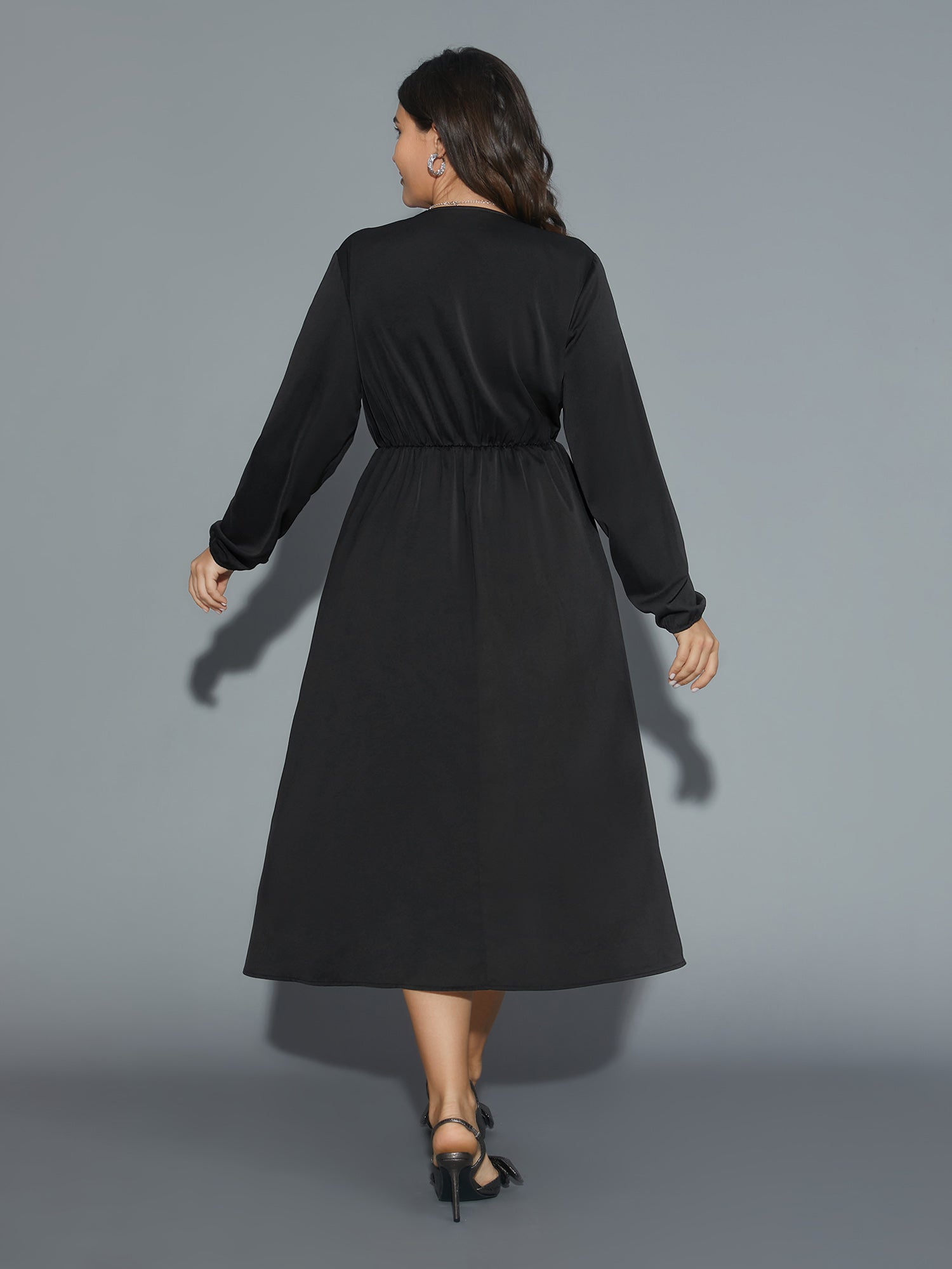 Plain Overlap Collar Ruffle Trim Dress