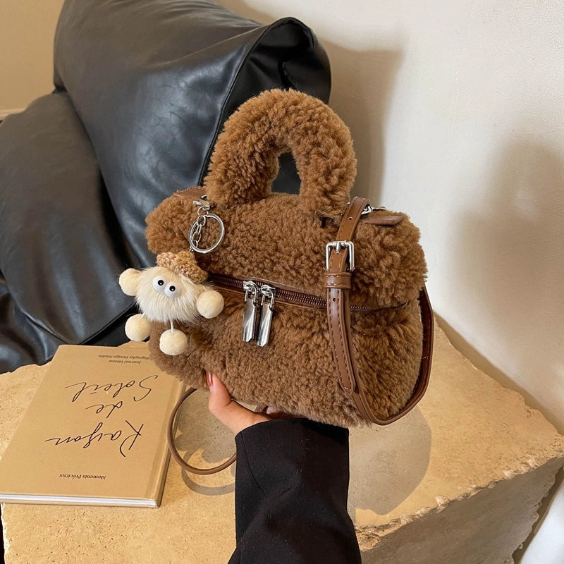 Women's Plush Solid Color Cute Square Zipper Shoulder Bag Handbag Crossbody Bag