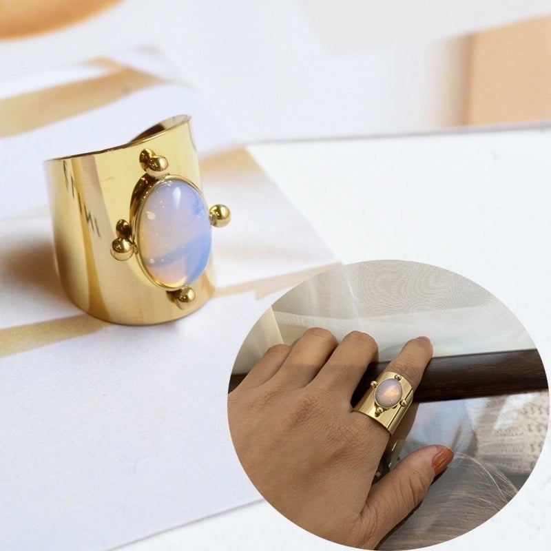 Retro U Shape Stainless Steel Inlay Natural Stone Shell 14k Gold Plated Open Ring