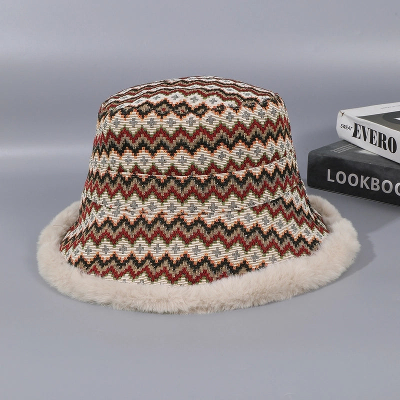 Women's Casual Vacation Ethnic Style Color Block Plush Wide Eaves Bucket Hat