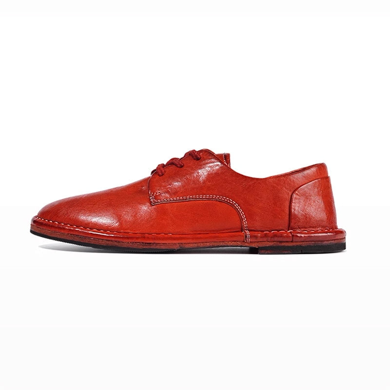 Handmade Stitching Lightweight Horse Leather Oxford Shoes Lace-Up Casual Shoes in Black/Red