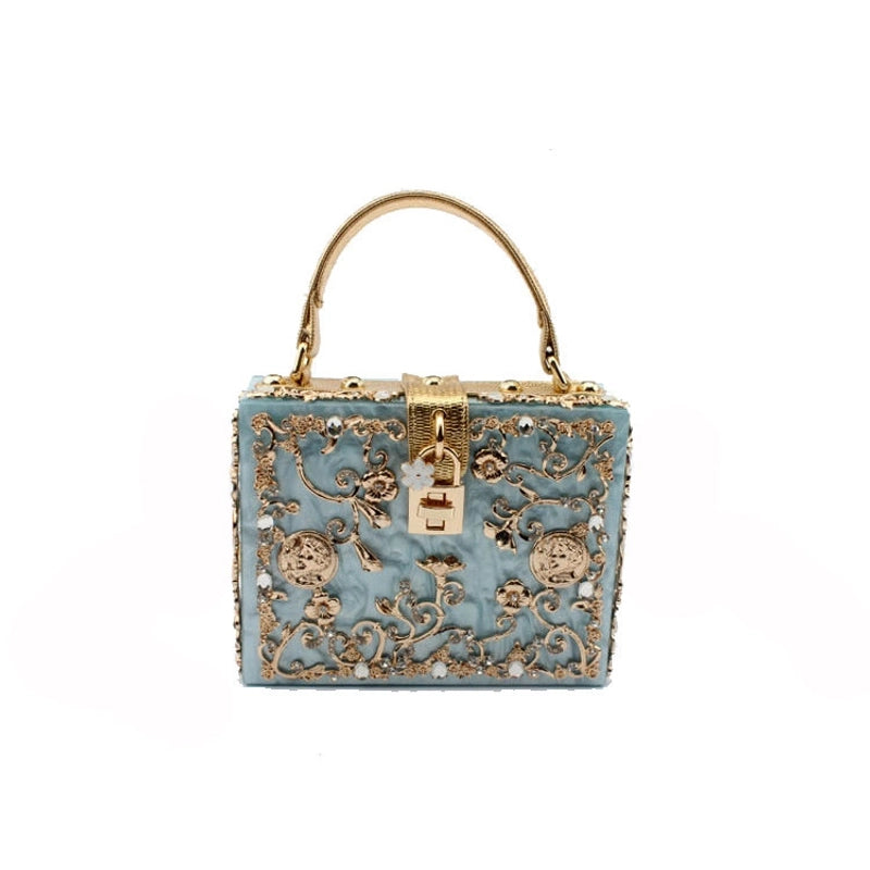 Black White Gold Arylic Flower Hollow Square Evening Bags