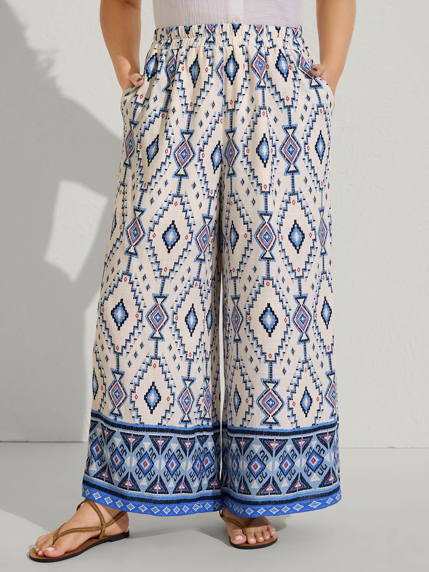 Boho Print Pockets Wide-Leg Pants