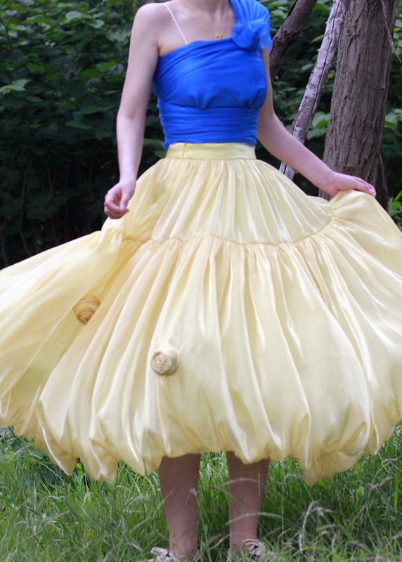 Yellow Zippered Solid Silk Skirts High Waist Summer