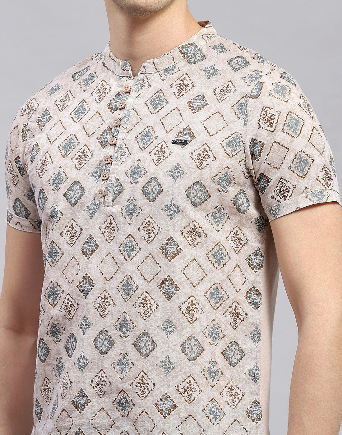 Men Beige Printed Band Collar Half Sleeve Kurta