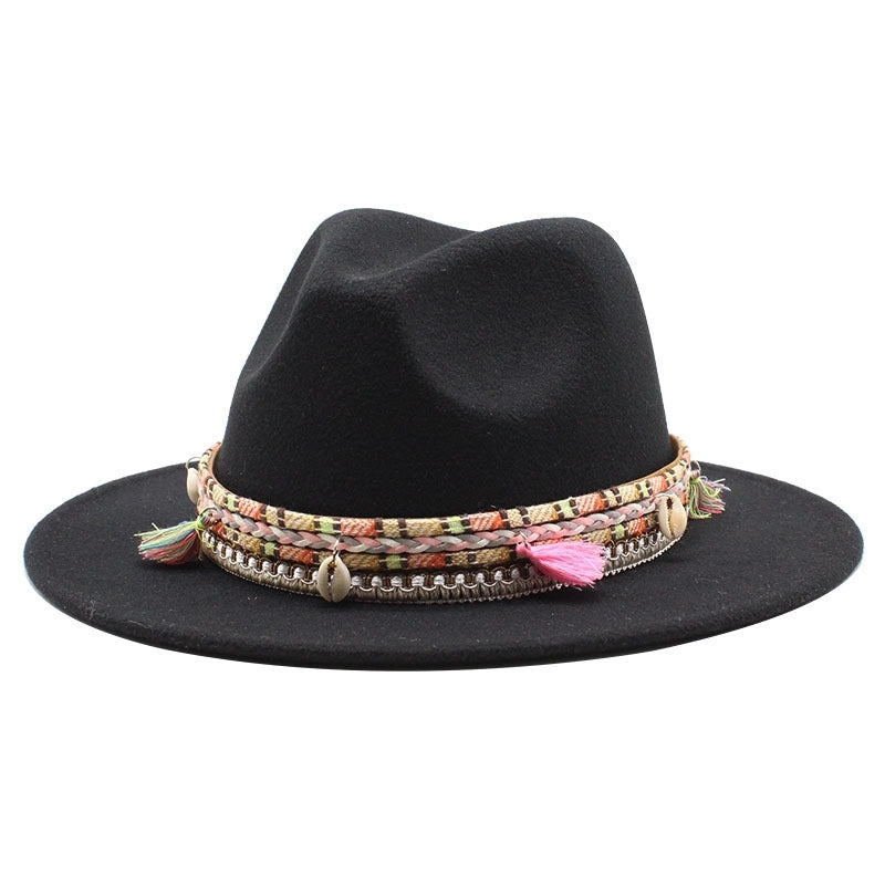 Hot Sale Woolen Hat Tassel Ethnic Style Jazz Hat Retro Flat Brim Big Brim Hat