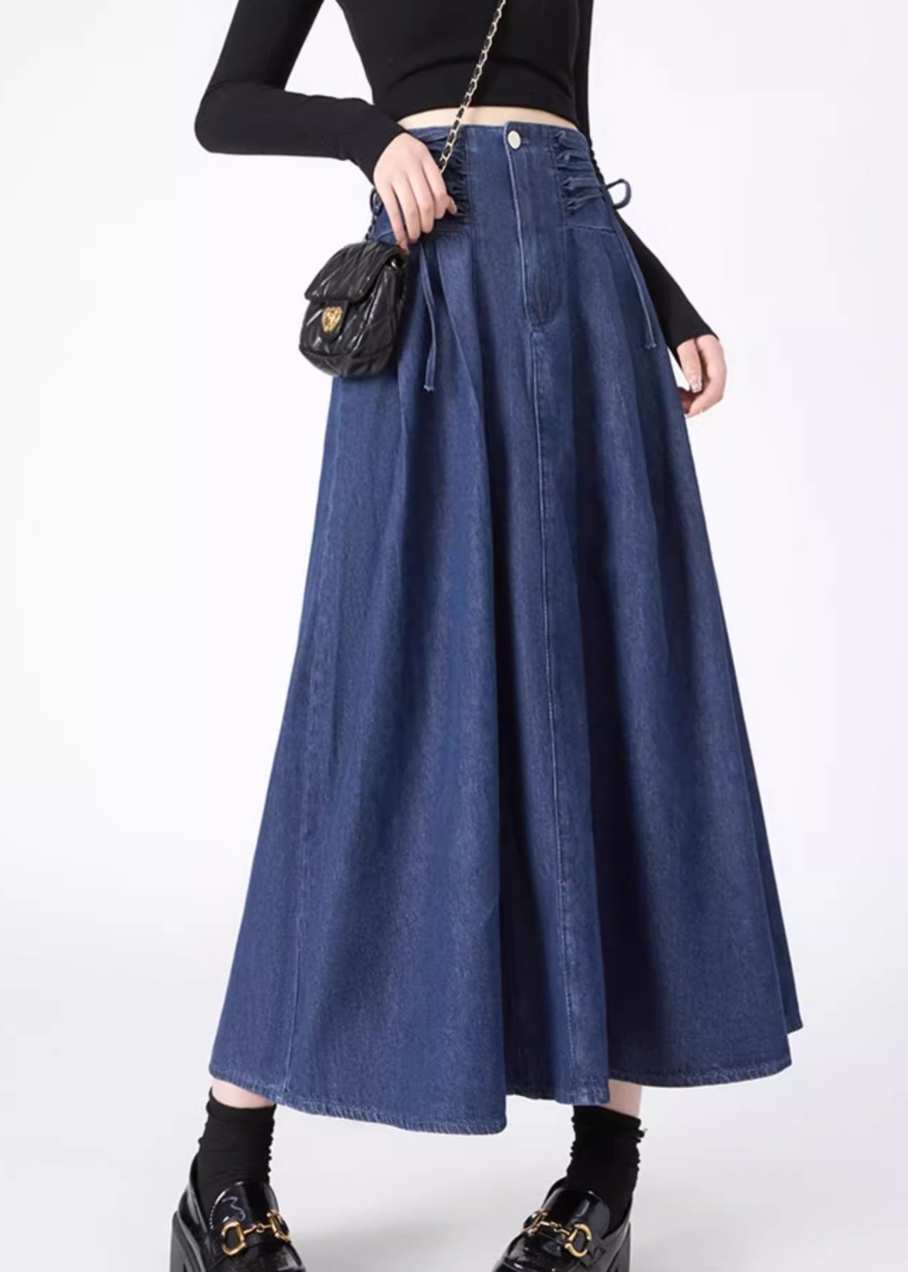 Fashion Navy Patchwork Tie Waist Denim Maxi Skirts Spring
