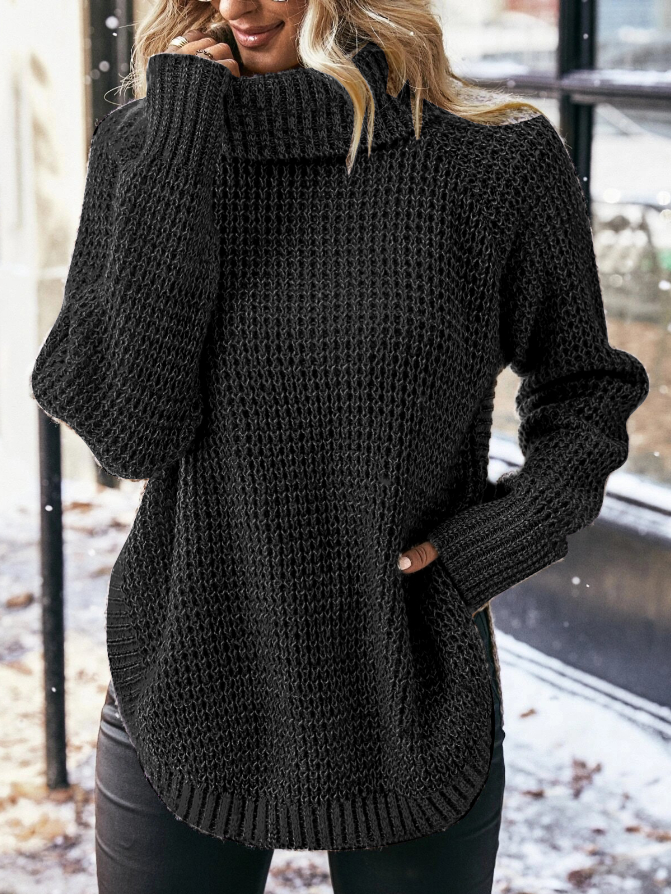 Turtleneck Drop Shoulder Cotton Knit Sweater