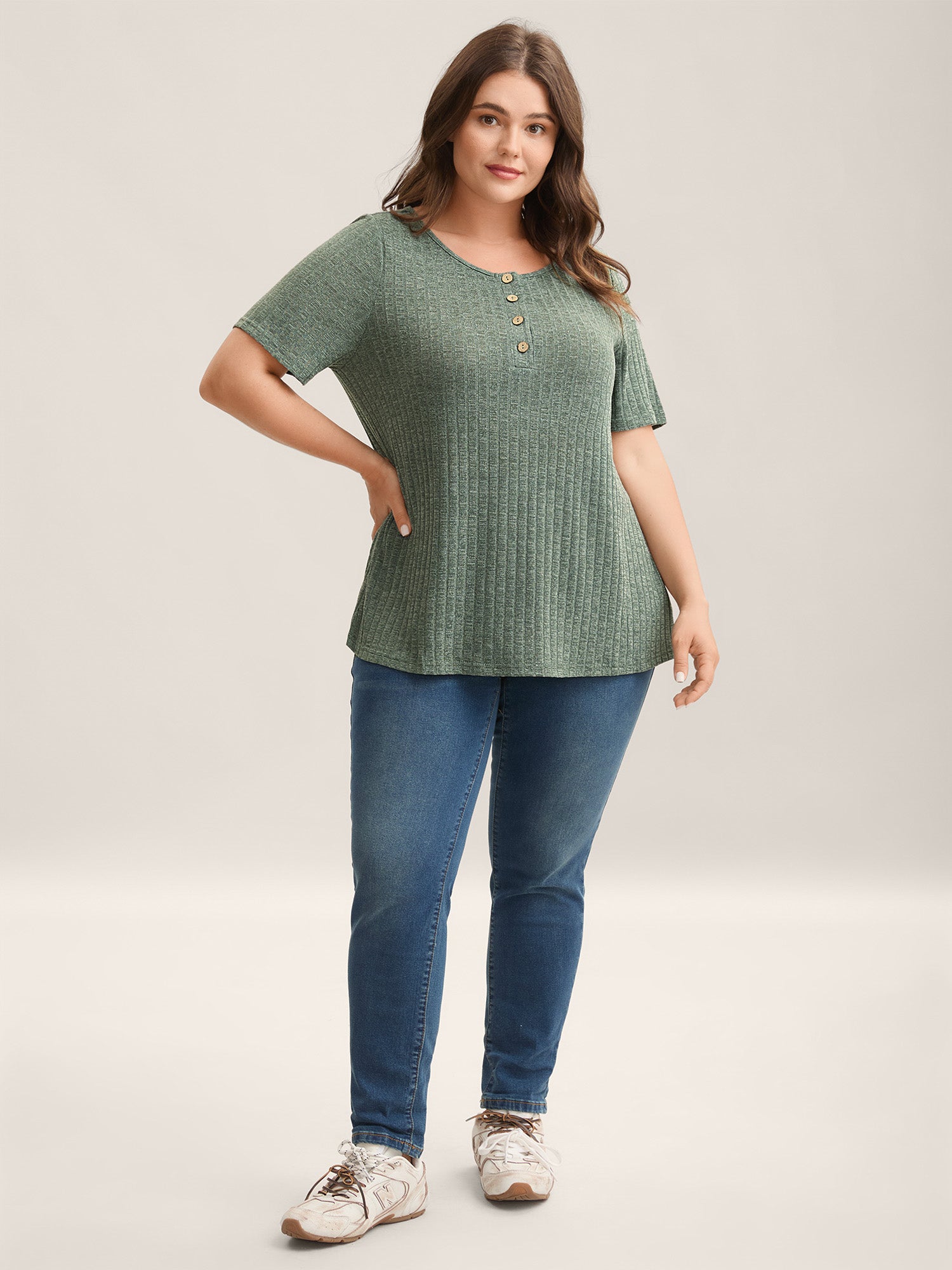 Stretchy Textured Button Half Sleeve T-Shirt
