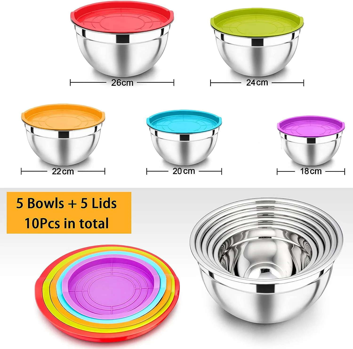 5-PIECE STAINLESS STEEL MIXING BOWLS SET WITH AIRTIGHT LIDS NESTING SALAD BOWLS