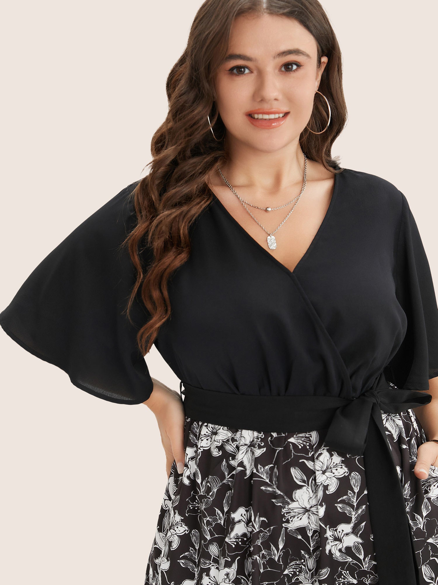Floral Patchwork Pocket Belt Surplice Neck Ruffle Hem Dress
