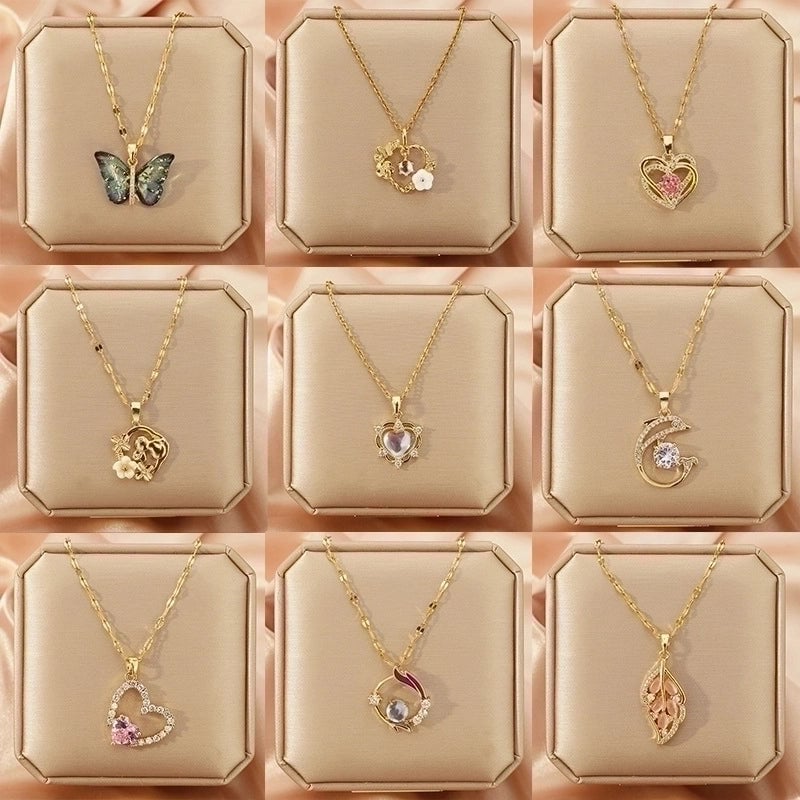3 Pieces Lady Heart Shape Flower Titanium Steel Plating Inlay Zircon Gold Plated Pendant Necklace