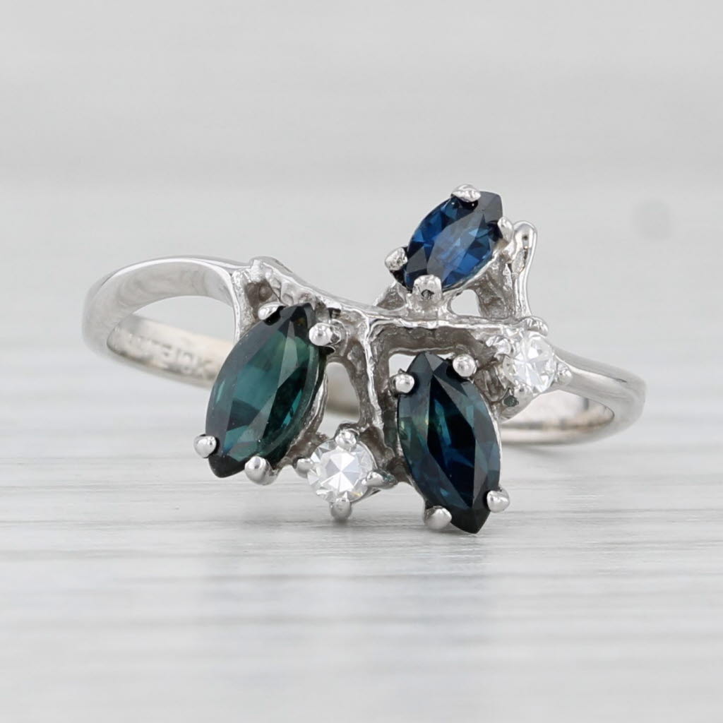 0.86ctw Blue Sapphire Diamond Bypass Ring 10k White Gold Size 5.5