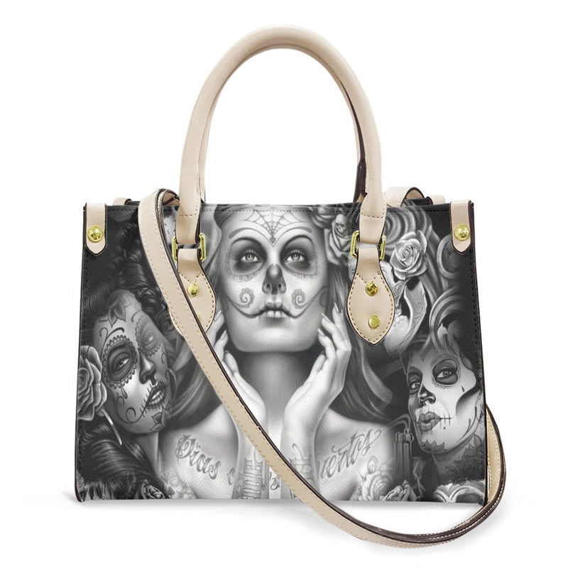 Halloween Women's Medium Pu Leather Human Floral Streetwear Square Hook Loop Customized Tote Bag