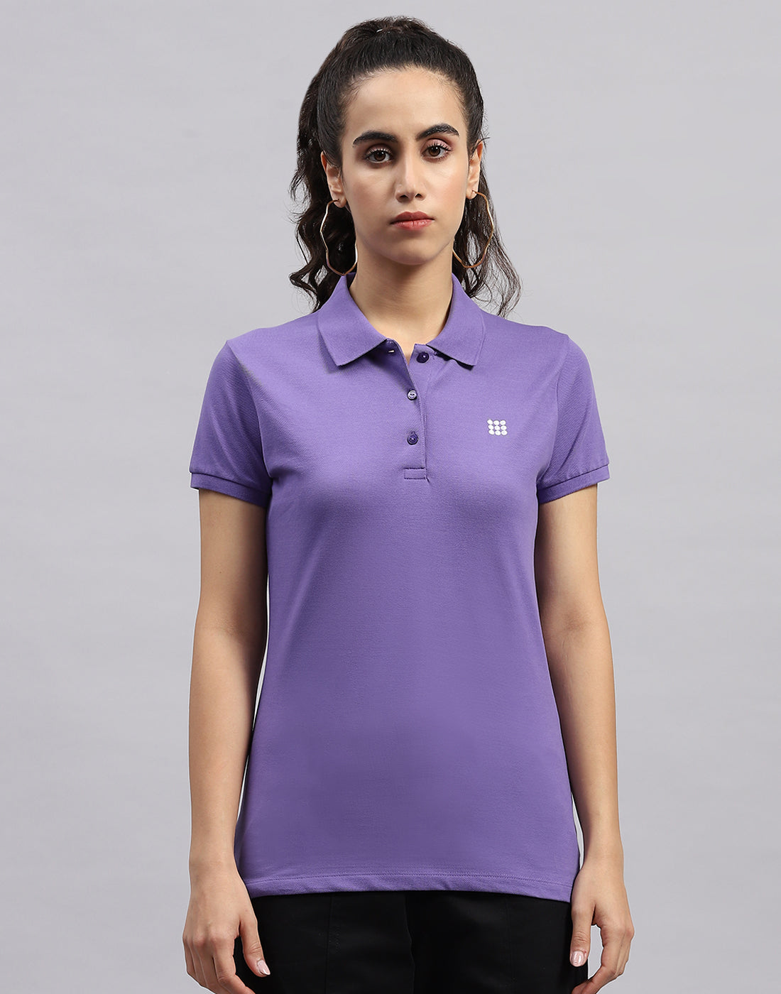 Women Purple Solid Polo Collar Half Sleeve T Shirt