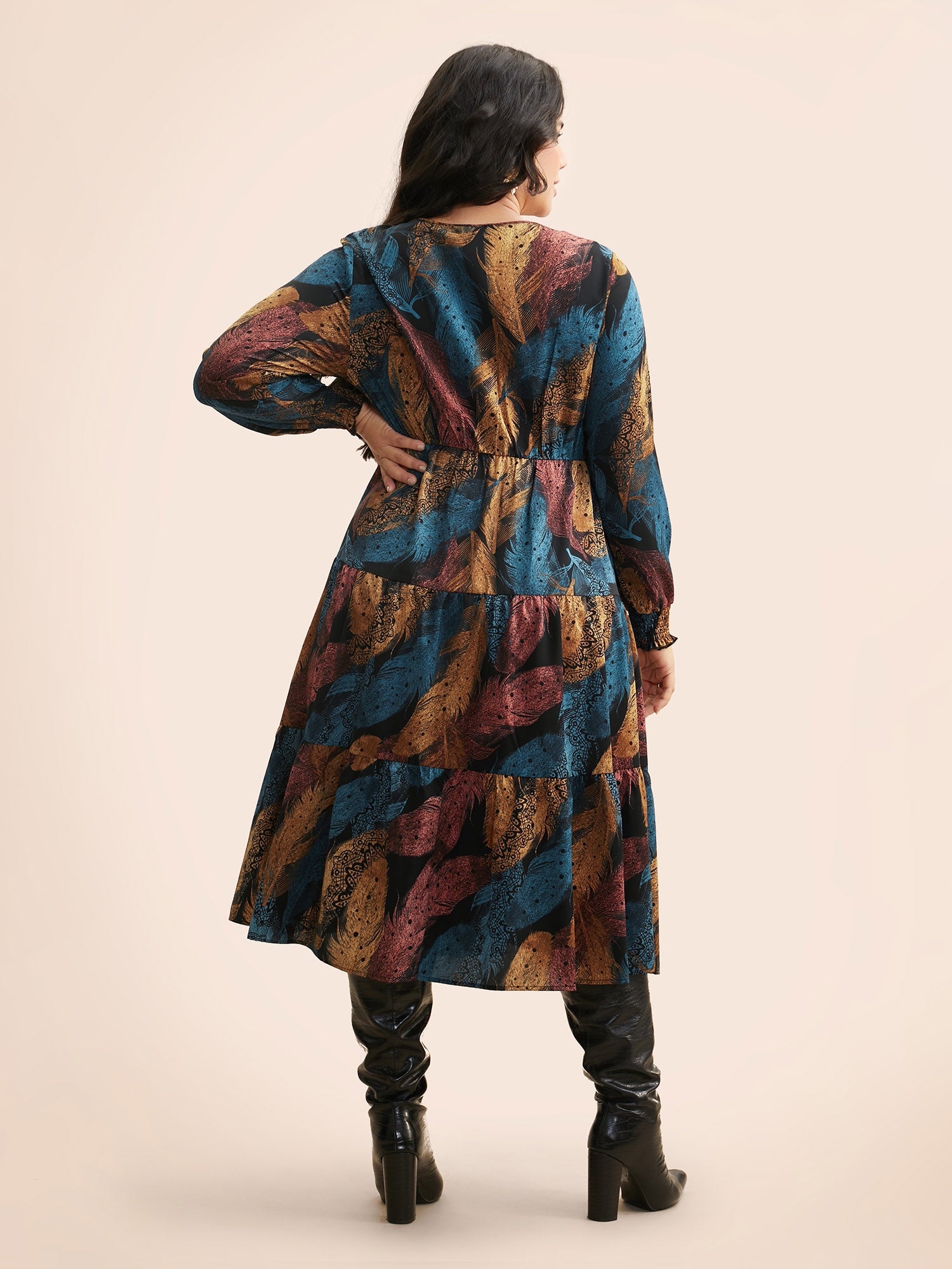 Feather Print Shirred Lantern Sleeve Dress