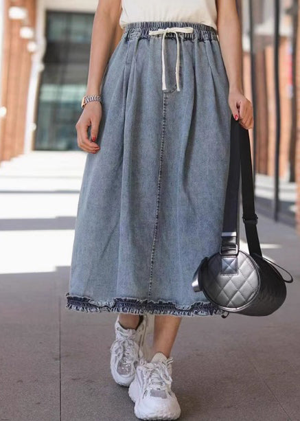 Vintage Light Blue Ruffled Elastic Waist Denim Skirt Summer