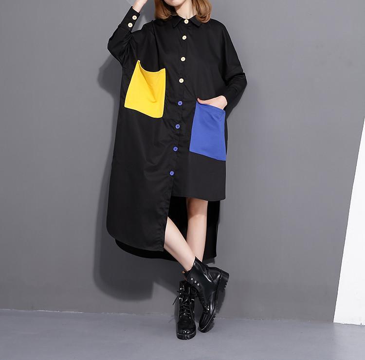 Asymmetrical Yellow And Blue Button Up Shirt Dress