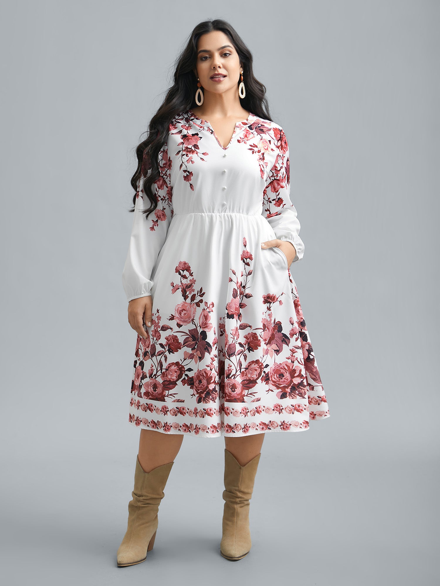 Boho Print Lantern Sleeve Button Detail Dress