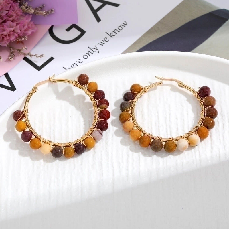 2 Pieces Retro Geometric Handmade Stainless Steel Natural Stone Earrings