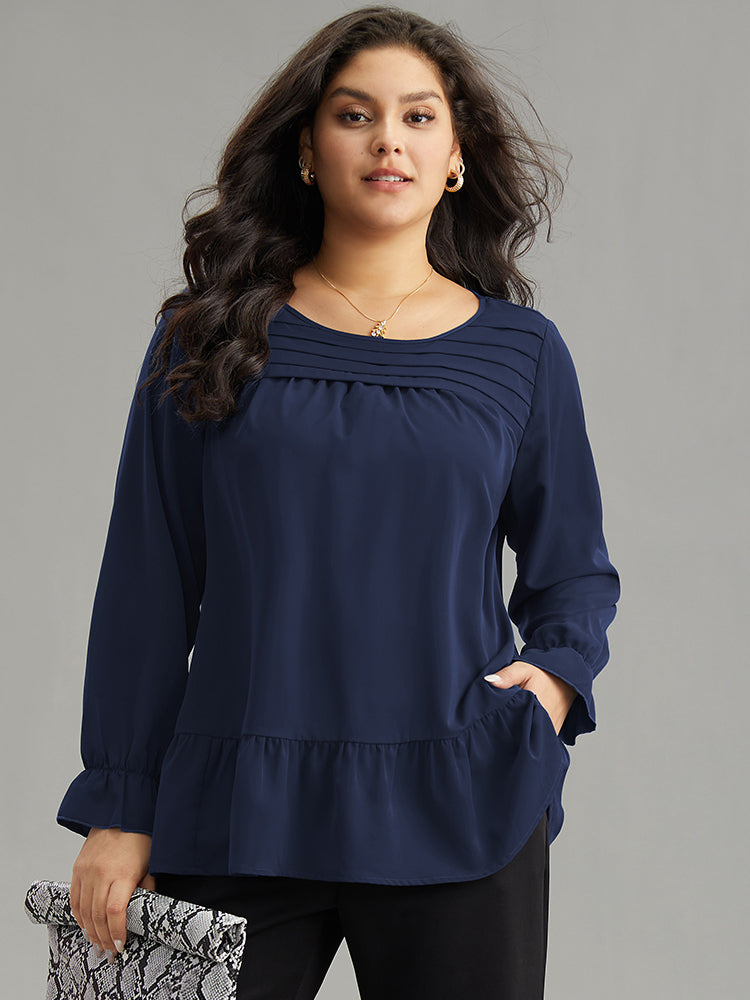 Static-Free Plain Pleated Ruffles Lantern Sleeve Blouse