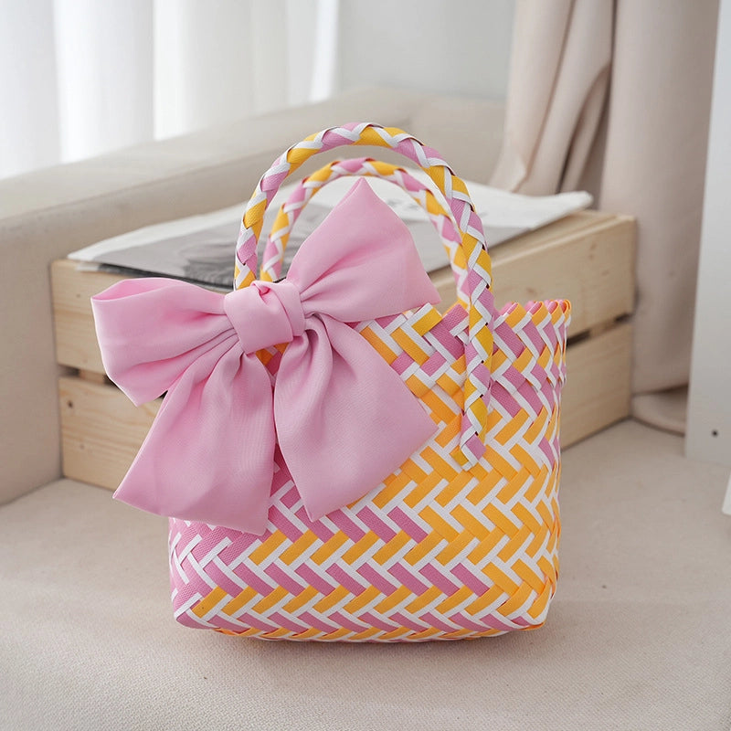 Women's Small PVC Stripe Bow Knot Cute Weave Square Open Handbag