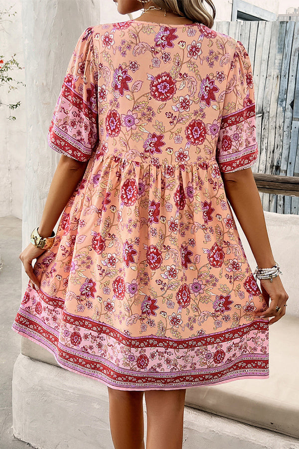 V Neck Floral Print Short Sleeve Mini Dress