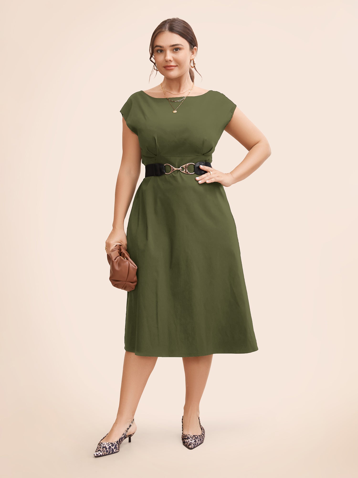 Stretch Woven Cowl Neckline Midi Dress