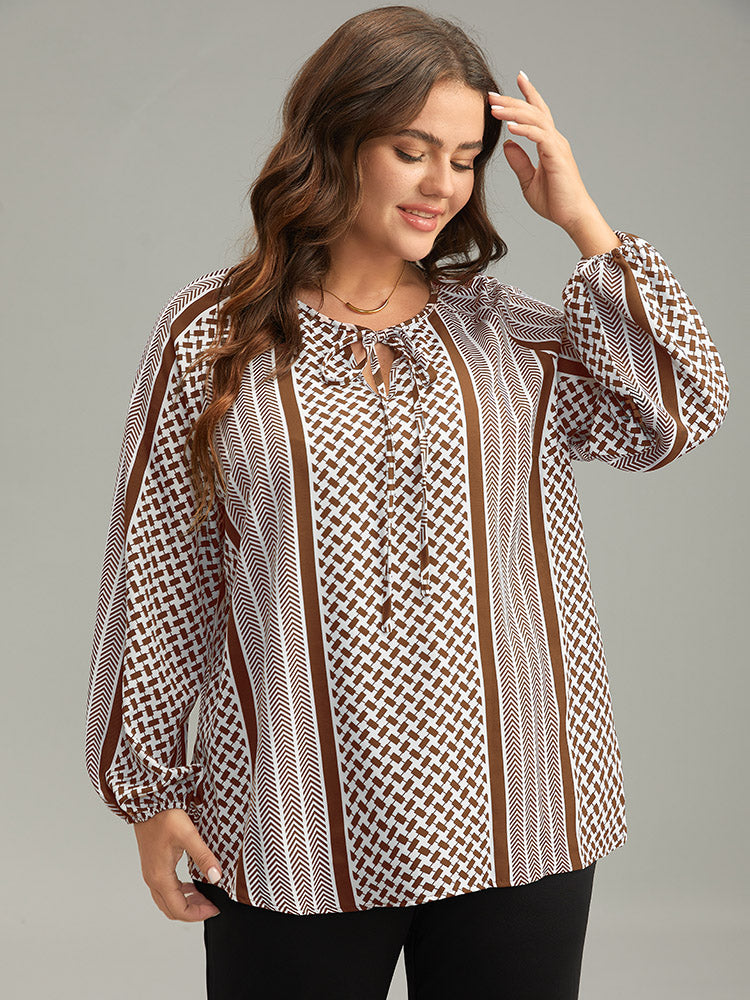 Geo Striped Tie Lantern Sleeve Blouse